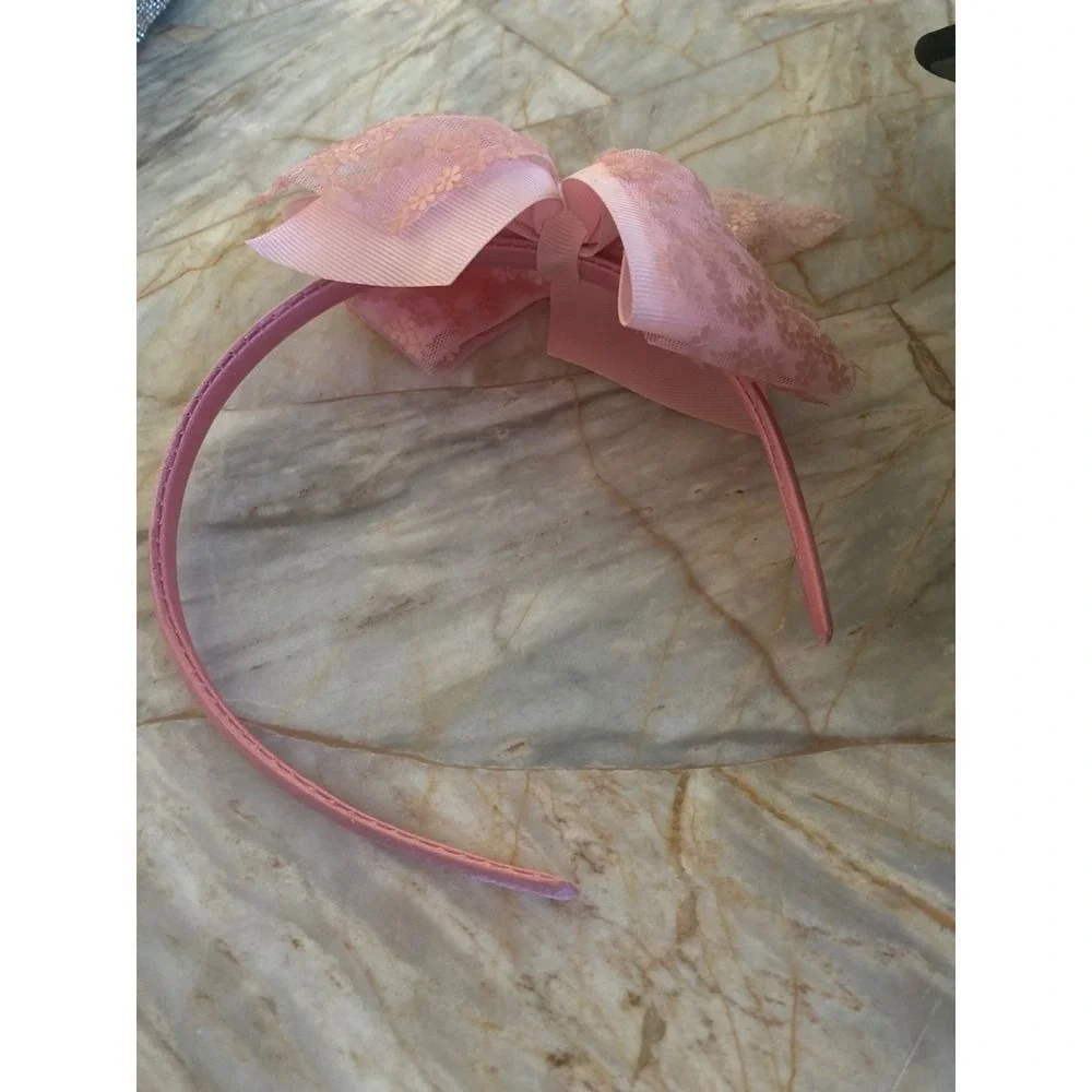 Pink Floral Lace‎ Layered Bow Headband with Rhinestone Center Coquette Style